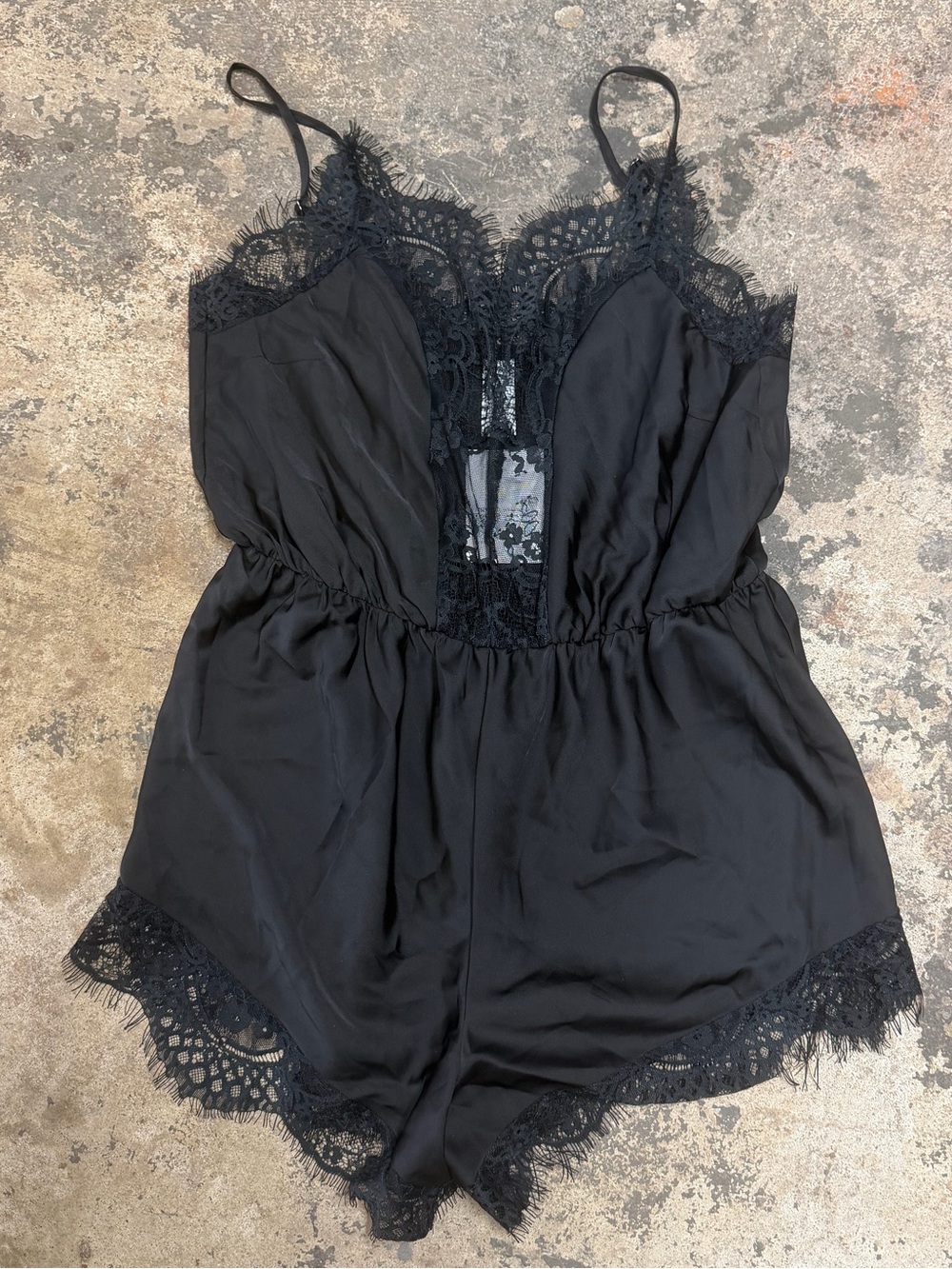 NWT Forever 21 Black Lace-Trim Romper Bodysuit - Women Intimates Satin Silky